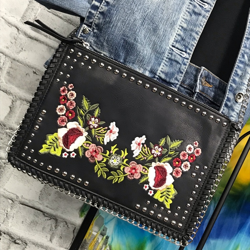 Harlow Black Boho Biker Chic Embroidered Crossbody Shoulder Clutch Bag - Picture 2 of 9